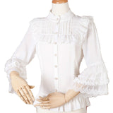 Sweet Lolita Chiffon Blouse with Lace Detailed Neckline Stand Collar Lace Flare Sleeve Women's Shirt