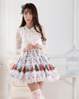 Original Design Sweet Light Blue Christmas Tree and Star Printed Girl's Lolita Pleated Skirt with Lace Trimming