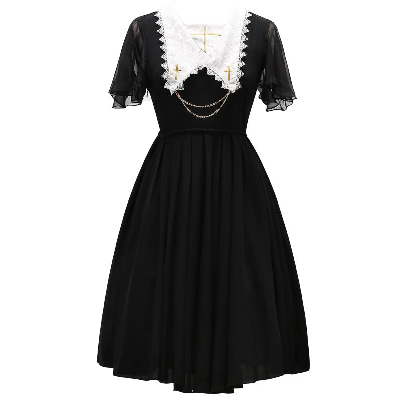 Gothic Lolita Chiffon Dress Short Batwing Sleeve Pointed Collar Embroidered Summer Dress Black/Red/Navy Blue Gothic Lolita Chiffon Dress Short Batwing Sleeve Pointed Collar Embroidered Summer Dress Black/Red/Navy Blue