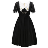 Gothic Lolita Chiffon Dress Short Batwing Sleeve Pointed Collar Embroidered Summer Dress Black/Red/Navy Blue