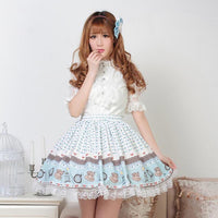 Japanese Cute Pleated Short Lolita Skirt Sweet Princess Tea Party Printed Pleated Skirt with Lace Trimming