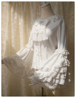 Vintage Thick Women's Cream Chiffon Blouse with Gorgeous Lace Flare Sleeve by Yiliya