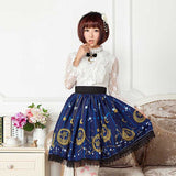 Mori Girl Blue Skater Skirt Moon and Star Printed Lady's Pleated Short Lolita Elastic Waist Skirt