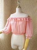 Sweet Women's Off the Shoulder Crop Top Bishop Sleeve Dotted Sheer Chiffon Blouse for Summer