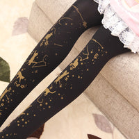 Starry Night Playing Cat ~ Sweet Printed Lolita Pantyhose Gold Stamped Patterned Tights