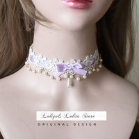 Sweet Lolita Chocker Necklace Cute Bowknot Chocker with Beaded Chain