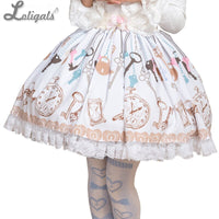 Sweet Key Chain and Clock Printed Skirt Cute Mori Girl Short A Line Skirt