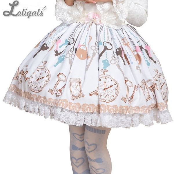 Sweet Key Chain and Clock Printed Skirt Cute Mori Girl Short A Line Skirt