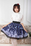 Sweet Dark Blue Church Printed Pleated A Line Skirt with Lace Trims
