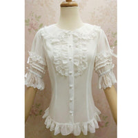 Sweet Women's Half Sleeve Chiffon Blouse Ruffled White Button Down Shirt by Yiliya
