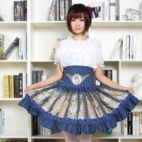 Sweet Mori Girl High Waist Skirt Blue Musha Printed Women's Short Skirt with Ruffles