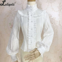 Sweet Women's Lolita Blouse Jacquard Cotton Long Sleeve White/Pink Blouse by Yiliya