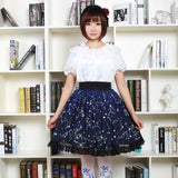 Kawaii Mori Girl Short Skirt Sweet Navy Blue Starry Night Printed Skater Skirt for Women