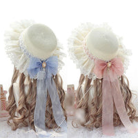 Sweet Lolita Straw Sunhat Mori Girl Caps with Lace & Bowknot Beach Summer Hat