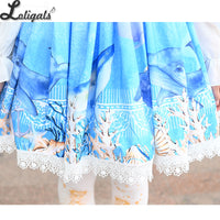 Sweet Whale Printed Short Skirt Mori Girl A line Suspender Skirt
