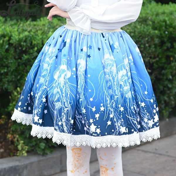 Sweet Jellyfish Printed Short Skirt Mori Girl A line Elastic Waist Skater Skirt for Women
