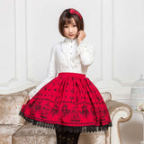 Sweet Mori Girl Deep Red Bird Cage Printed Short Skirt for Summer