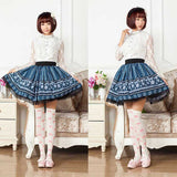 Original Design Rococo Style Blue Lace Snowflakes Printed Short Lolita Pleated Skirt for Lady