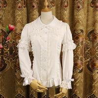 Ladies Short Sleeve Chiffon Blouse White/Black Lolita Button Down Shirt with Detachable Sleeves