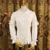 Ladies Short Sleeve Chiffon Blouse White/Black Lolita Button Down Shirt with Detachable Sleeves