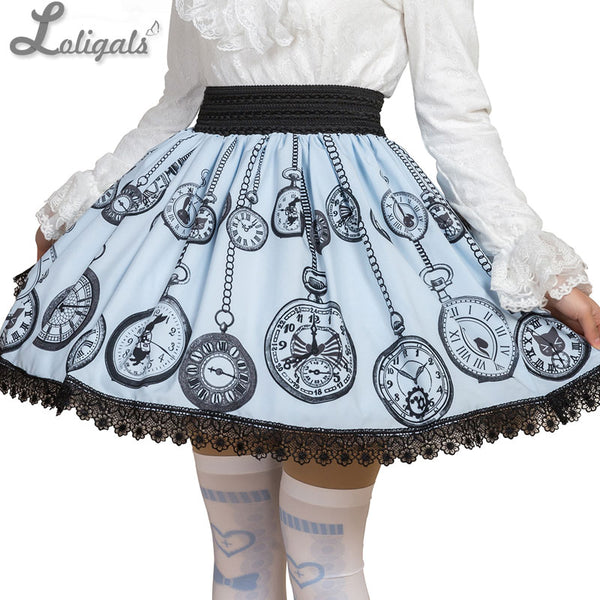 Sweet Mori Girl Light Sky Blue Pocket Watch Printed Short Skirt with Lace Trimming