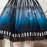 Original Design Japanese Gothic Dark Blue Halloween Themed Tree and Bat Printed Pleated Lolita for Girl