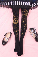 Sweet Mori Girl Tights Kawaii Gold Star & Moon Stamped 100D Lolita Pantyhose