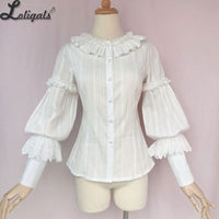 Sweet Women's Lolita Cotton Blouse White/Pink Long Sleeve Button Down Shirt by Yiliya