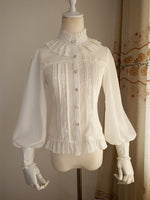 Vintage Women's Chiffon Blouse Sweet Long Lantern Sleeve High Collar Shirt with Lace Detailing