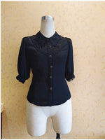 Women's Gothic Chiffon Button Down Blouse White/Black Lolita Shirt with Pointed Collar