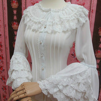 Retro Style Long Flare Sleeve Lolita Lace Blouse Women's Plus Size Chiffon White Shirt with Layered Lace Ruffles