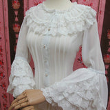 Retro Style Long Flare Sleeve Lolita Lace Blouse Women's Plus Size Chiffon White Shirt with Layered Lace Ruffles