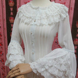 Retro Style Long Flare Sleeve Lolita Lace Blouse Women's Plus Size Chiffon White Shirt with Layered Lace Ruffles