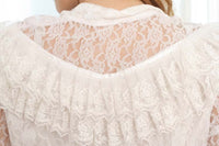 Vintage Lolita Sweet Female Lace Blouse White/Black Sheer Long Sleeve Illusion Neck Lace Top with Ruffles