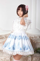 Sweet Light Sky Blue Snow Forest Printed Pleated Lace A Line Lolita Skirt for Lady