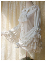 Vintage Thick Women's Cream Chiffon Blouse with Gorgeous Lace Flare Sleeve by Yiliya