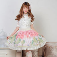 Sweet Pink Dream of Spring Printed Cute Girl's Short Pleated Lolita Skirt with Lace Trimming
