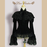 Vintage Black Velvet Women's Jacket Long Flare Sleeve Top with Layered Lace Ruffle Cape by Lace Garden