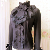 White/Black Chiffon Blouse Long Flare Sleeve Lace Ruffled Blouse/Shirt for Women