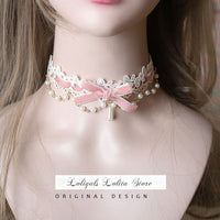 Sweet Lolita Chocker Necklace Cute Bowknot Chocker with Beaded Chain