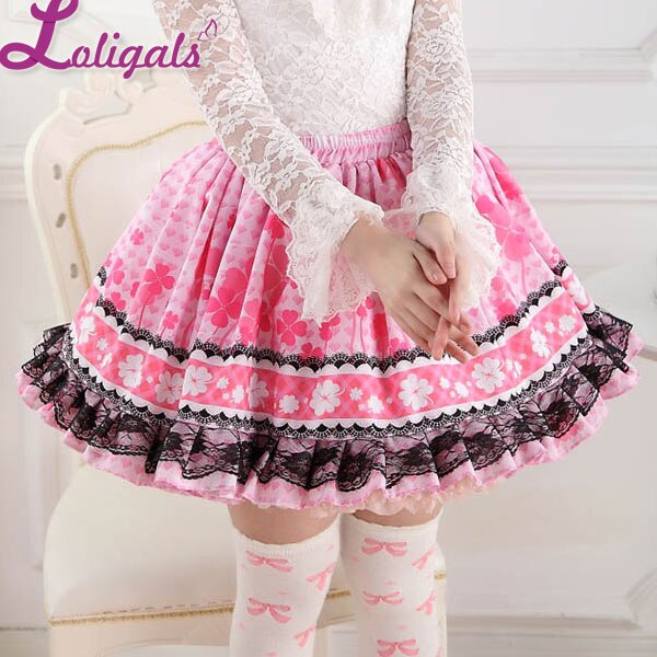 Sweet Pink Japanese Style Clover Leaf Printed Lolita Sweet Princess Skirt for Girl with Ruffled Lace