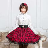 Sweet Deep Red Diamond Checkered Skirt Mori Girl Short Skirt with Lace Trimming