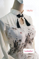 Sweet Chinese Style Dragon and Landscape Keyhole Neck Ink Printed Long Sleeve Lolita Dress with Laceup Back