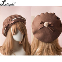 Sweet Women's Lolita Sailor Beret Gothic Wool Beret Hat with Lovely Bows for Winter