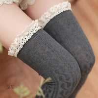 Cute Twist Pattern Cotton Thigh High Stockings Lace Trimmed Over Knee Stockings 5 Colors