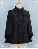 Sweet Women's Lolita Shirt Pointed Collar Long Lantern Sleeves Black/White Blouse