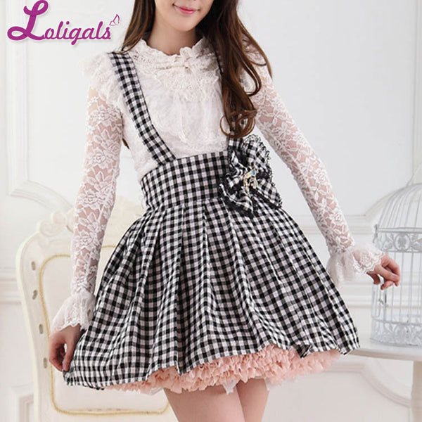 Japanese Style Sweet White and Black Plaid Lolita Lace Jumper Skirt for Girl