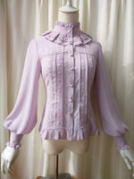 Vintage Women's Chiffon Blouse Sweet Long Lantern Sleeve High Collar Shirt with Lace Detailing