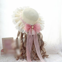 Sweet Lolita Straw Sunhat Mori Girl Caps with Lace & Bowknot Beach Summer Hat