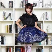 Navy Blue Gothic Short Skirt Japanese Style Magic Circle and Stars Printed Pleated Lolita Skirt